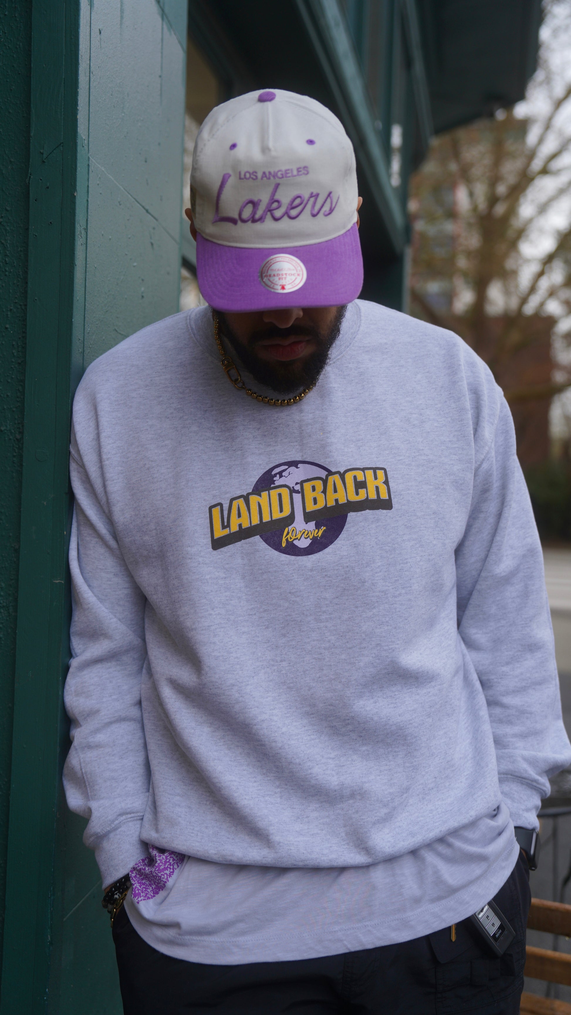 Land Back Crewneck with model